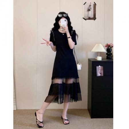 BY17392# 高级感烫钻黑色正肩连衣裙女大码胖mm掐腰直筒网纱拼接长裙