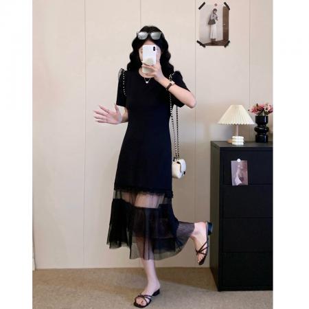 BY17392# 高级感烫钻黑色正肩连衣裙女大码胖mm掐腰直筒网纱拼接长裙