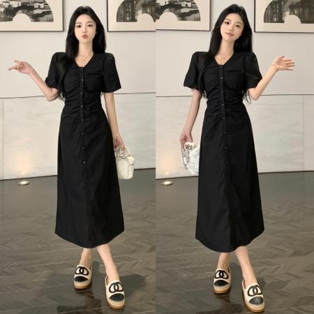 BY17393# 大码高级感轻熟风气质v领褶皱连衣裙女赫本风收腰显瘦长短款