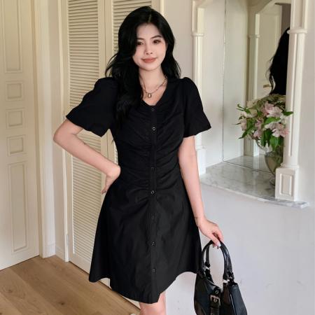 BY17393# 大码高级感轻熟风气质v领褶皱连衣裙女赫本风收腰显瘦长短款