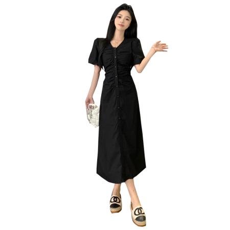 BY17393# 大码高级感轻熟风气质v领褶皱连衣裙女赫本风收腰显瘦长短款