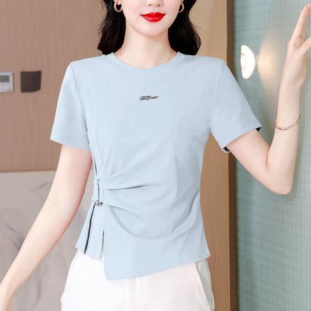 BY17394# 胖MM夏季新款小众设计感侧边装饰腰带时尚显瘦短袖T
