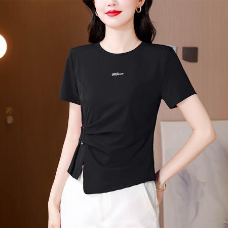 BY17394# 胖MM夏季新款小众设计感侧边装饰腰带时尚显瘦短袖T