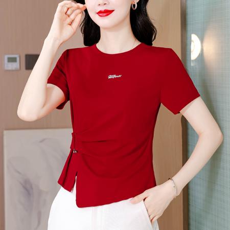 BY17394# 胖MM夏季新款小众设计感侧边装饰腰带时尚显瘦短袖T