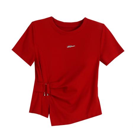 BY17394# 胖MM夏季新款小众设计感侧边装饰腰带时尚显瘦短袖T