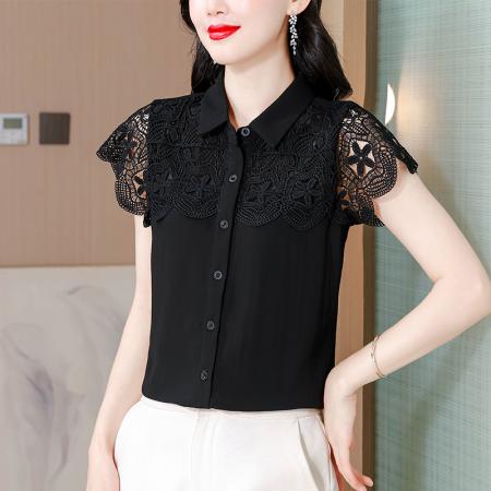 BY17395# 复古刺绣网纱拼接短袖衬衫女夏季新款黑色设计感宽松减龄上衣