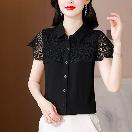 BY17395# 复古刺绣网纱拼接短袖衬衫女夏季新款黑色设计感宽松减龄上衣