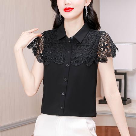 BY17395# 复古刺绣网纱拼接短袖衬衫女夏季新款黑色设计感宽松减龄上衣