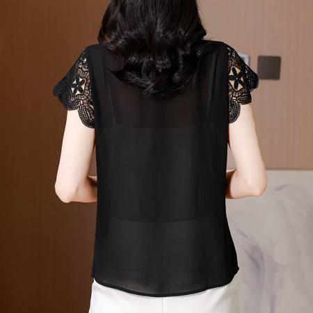 BY17395# 复古刺绣网纱拼接短袖衬衫女夏季新款黑色设计感宽松减龄上衣