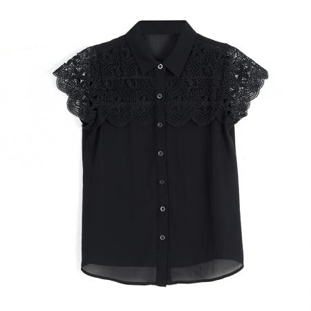 BY17395# 复古刺绣网纱拼接短袖衬衫女夏季新款黑色设计感宽松减龄上衣