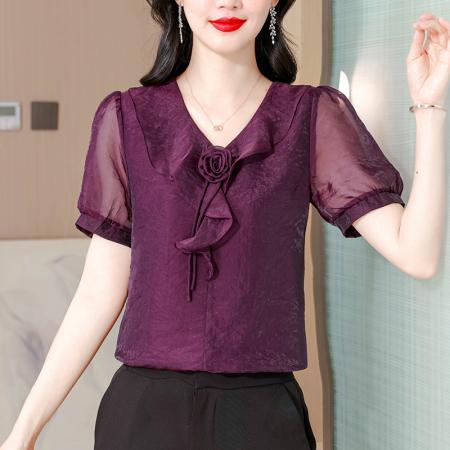 BY17396# 港风复古玫瑰花朵紫色短袖衬衫女夏款气质显瘦衬衣小众上衣