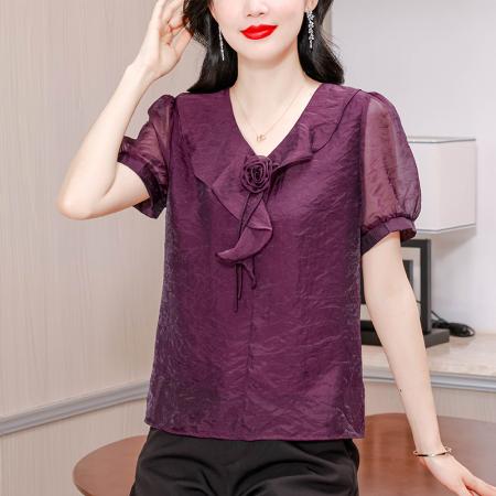 BY17396# 港风复古玫瑰花朵紫色短袖衬衫女夏款气质显瘦衬衣小众上衣
