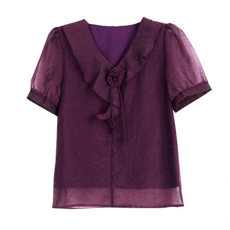 BY17396# 港风复古玫瑰花朵紫色短袖衬衫女夏款气质显瘦衬衣小众上衣
