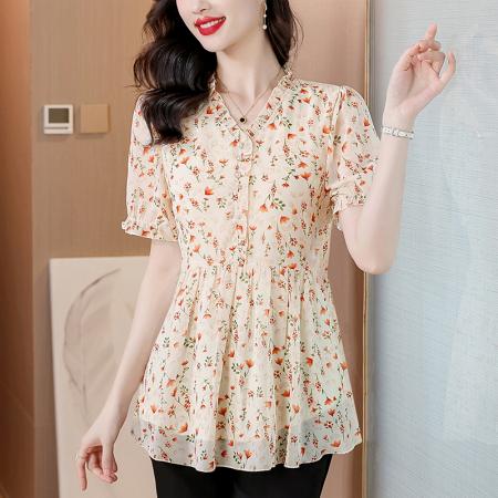 BY17398# 今年夏季新款印花短袖雪纺纱设计感时尚女装上衣