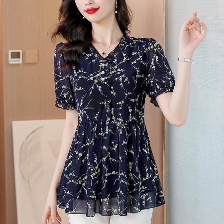 BY17398# 今年夏季新款印花短袖雪纺纱设计感时尚女装上衣