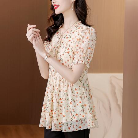 BY17398# 今年夏季新款印花短袖雪纺纱设计感时尚女装上衣