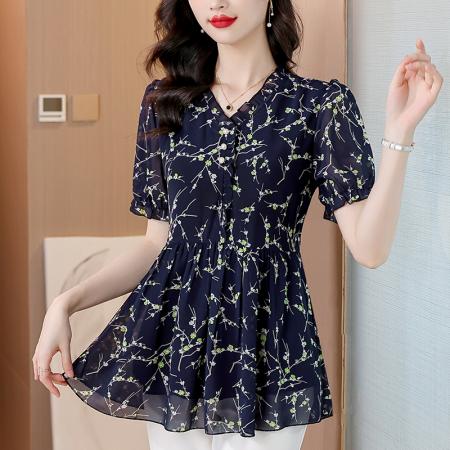 BY17398# 今年夏季新款印花短袖雪纺纱设计感时尚女装上衣