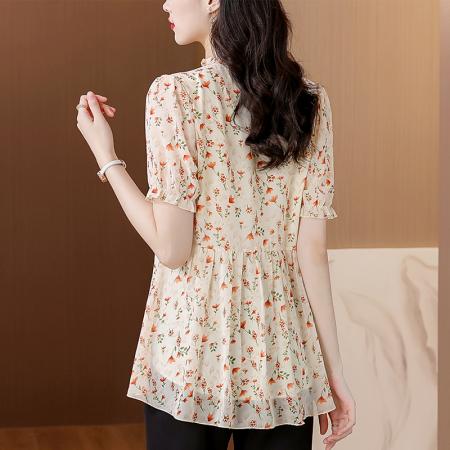 BY17398# 今年夏季新款印花短袖雪纺纱设计感时尚女装上衣
