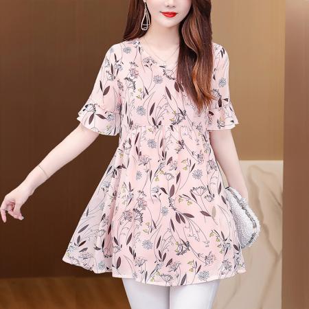 BY17399# 今年夏季新款短袖宽松显瘦V领女装上衣遮臀中长印花雪纺衫