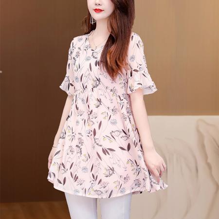 BY17399# 今年夏季新款短袖宽松显瘦V领女装上衣遮臀中长印花雪纺衫