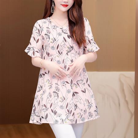 BY17399# 今年夏季新款短袖宽松显瘦V领女装上衣遮臀中长印花雪纺衫