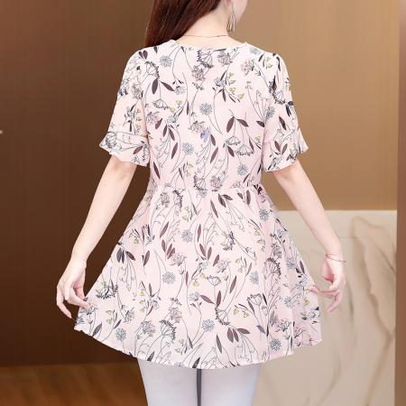 BY17399# 今年夏季新款短袖宽松显瘦V领女装上衣遮臀中长印花雪纺衫