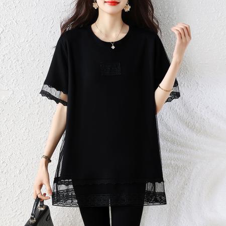 BY17402# 大码女装夏季新款网纱花边拼接短袖T恤胖mm遮肉显瘦上衣