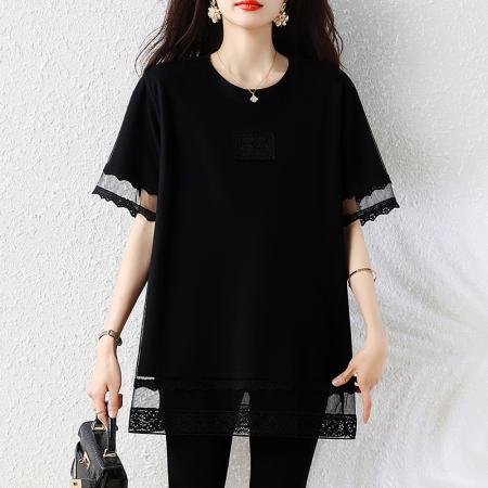 BY17402# 大码女装夏季新款网纱花边拼接短袖T恤胖mm遮肉显瘦上衣