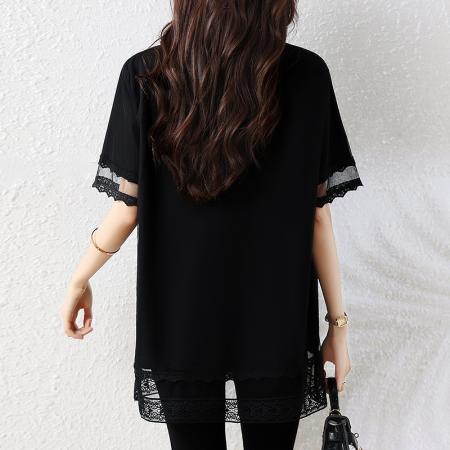 BY17402# 大码女装夏季新款网纱花边拼接短袖T恤胖mm遮肉显瘦上衣