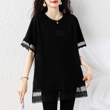 BY17402# 大码女装夏季新款网纱花边拼接短袖T恤胖mm遮肉显瘦上衣