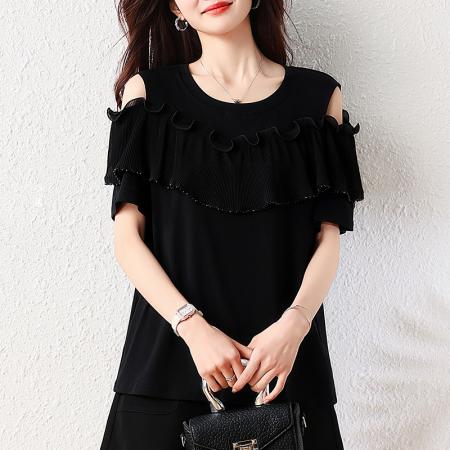 BY17403# 夏季新款圆领荷叶边压褶露肩显瘦遮肉大码时尚T恤上衣女
