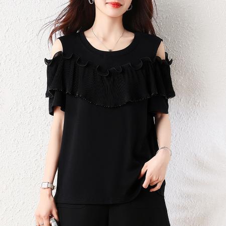 BY17403# 夏季新款圆领荷叶边压褶露肩显瘦遮肉大码时尚T恤上衣女