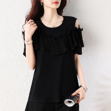 BY17403# 夏季新款圆领荷叶边压褶露肩显瘦遮肉大码时尚T恤上衣女