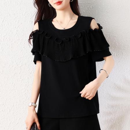 BY17403# 夏季新款圆领荷叶边压褶露肩显瘦遮肉大码时尚T恤上衣女
