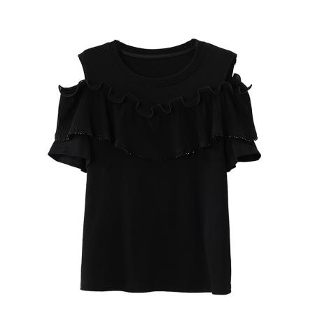 BY17403# 夏季新款圆领荷叶边压褶露肩显瘦遮肉大码时尚T恤上衣女