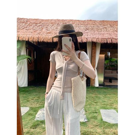 BY17404# 图莱赛尔天丝羊毛绑带修身v领短袖T恤女新款独特漂亮上衣