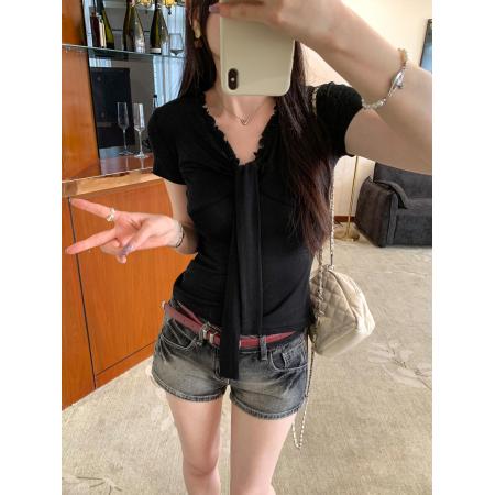 BY17404# 图莱赛尔天丝羊毛绑带修身v领短袖T恤女新款独特漂亮上衣