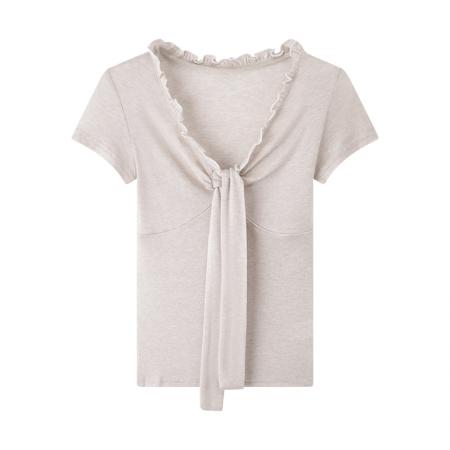 BY17404# 图莱赛尔天丝羊毛绑带修身v领短袖T恤女新款独特漂亮上衣