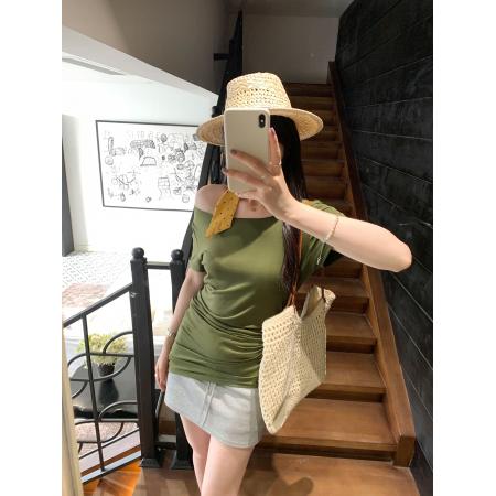 BY17405# 图莱赛尔天丝羊毛独特抽褶斜领短袖T恤女夏新款露肩上衣