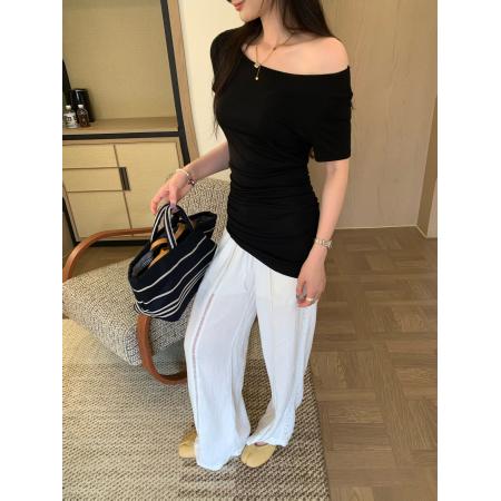 BY17405# 图莱赛尔天丝羊毛独特抽褶斜领短袖T恤女夏新款露肩上衣