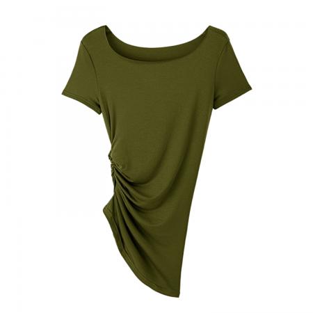 BY17405# 图莱赛尔天丝羊毛独特抽褶斜领短袖T恤女夏新款露肩上衣