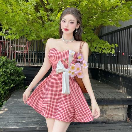 BY17406# 甜辣风无袖格纹连衣裙蝴蝶结装饰蓬蓬裙派对出游性感短裙