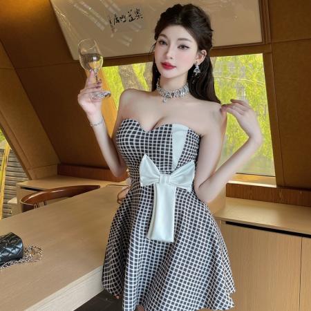 BY17406# 甜辣风无袖格纹连衣裙蝴蝶结装饰蓬蓬裙派对出游性感短裙