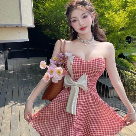 BY17406# 甜辣风无袖格纹连衣裙蝴蝶结装饰蓬蓬裙派对出游性感短裙