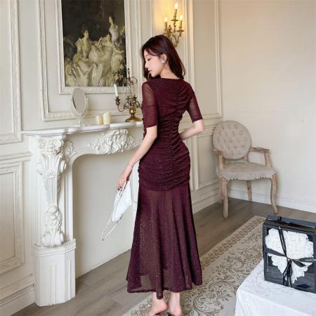 BY17407# 名媛风V领褶皱连衣裙女亮片修身包臀鱼尾裙晚宴年会礼服裙