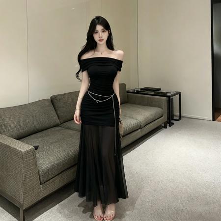 BY17410# 纯欲风一字肩褶皱网纱连衣裙修身显瘦晚宴约会礼服裙送腰链