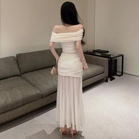 BY17410# 纯欲风一字肩褶皱网纱连衣裙修身显瘦晚宴约会礼服裙送腰链