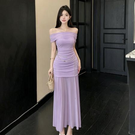 BY17410# 纯欲风一字肩褶皱网纱连衣裙修身显瘦晚宴约会礼服裙送腰链