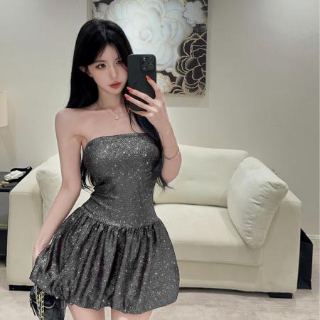 BY17412# 性感辣妹风抹胸亮片花苞连衣裙收腰蓬蓬裙夜场小短裙