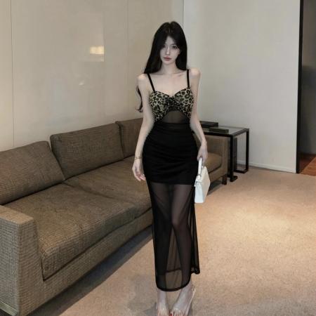 BY17413# 辣妹风豹纹吊带连衣裙网纱透视收腰长裙派对约会小礼裙